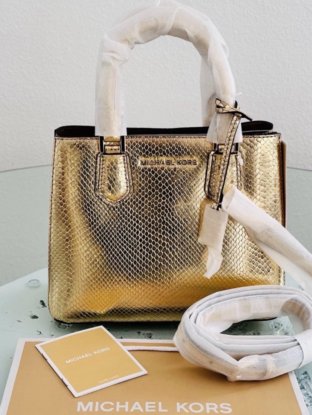 NWT Michael Kors Gold Snake-Embossed Mini Top-Handle Satchel Brand paper Bag